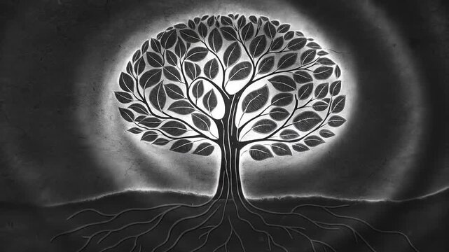 Silhouette man watering tree shaped like brain concept. Monochrome artistic tree with leaves and roots symbolizing growth and life on textured background