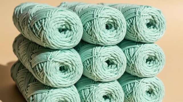 Array of neatly stacked rolled mint green yarns arranged in a repeating pattern for textile and craft projects