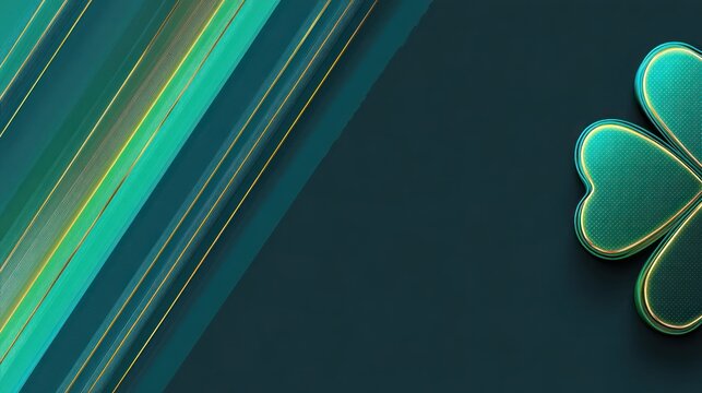 Glowing neon shamrock on dark emerald background with striped pattern