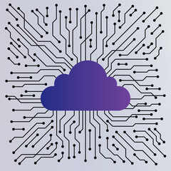 cloud computing and digital connectivity circuit board background with purple cloud icon and radiating black data lines for network infrastructure technology concepts