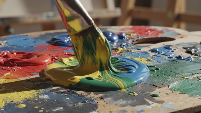 Paintbrush dripping color onto a palette filled with globs of vibrant paints, blurred background