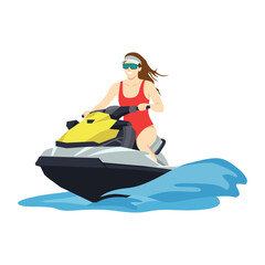 Naklejka premium Woman Riding Jet Ski on Ocean Waves. Flat vector illustration isolated on white background