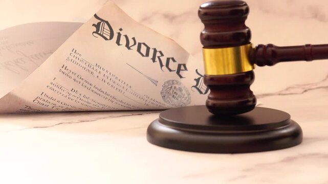 A finalized divorce decree rests beside a judge&rsquo;s wooden gavel and sounding block, symbolizing the legal conclusion of marriage through the family court system