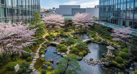 ビルの谷間の桜と新緑の日本庭園