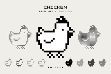 Pixel Art Chicken Illustration 8 Bit Cross stitch Cute Hen Cottagecore Retro Pixelated Animal vector sign symbol Abstract Simple Geometric Handcraft Element Monochrome Black and White cozy aesthetic