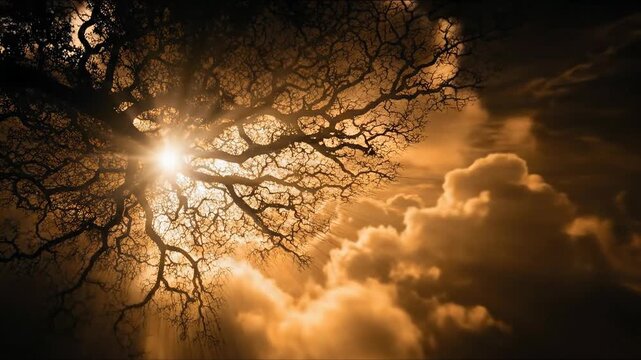 Silhouette man watering tree shaped like brain concept. Majestic tree branches silhouetted against golden sunlight and dramatic cloudy sky