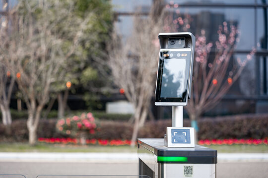 Outdoor facial recognition access control terminal device in close-up view