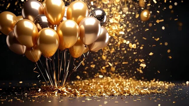 Luxurious gold and bronze balloons with falling confetti against a dark background