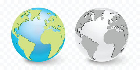 Earth Planet 3D Vector Globe Map in Green and Blue and Black and White Versions – Transparent Background World with Asia, Africa, America and Europe for Travel, Business and Infographic Concepts © Jer