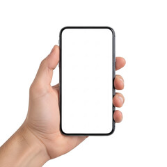 A hand holding a smartphone with a blank screen isolated on transparent background