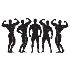 Fototapeta premium Silhouette illustration of muscular bodybuilders posing and flexing together as a team
