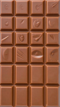 Milk chocolate bar, 4x6 segments, embossed designs on top rows, plain bottom rows
