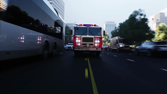 An fire engine, fire rescue driving fast on a city street. Realistic 4k animation.