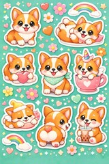 Fototapeta premium Lively sticker page featuring chubby corgi pups in playful poses with hearts, rainbows, and bubble tea, ideal for planners, school supplies, pet branding, and cute decor.