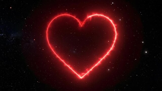 Glowing red heart shape outline pulsating with light against a dark starry cosmic background