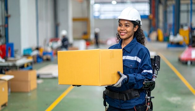 A smiling woman in a wheelchair, wearing a white hard hat and blue uniform, holds a large yellow box in a warehouse with green floor and various equipment.