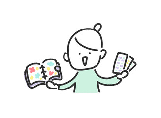 カラフルなシール帳とシールを持つ笑顔の女性のかわいい手描きの線画