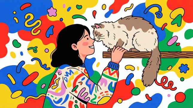 Woman Touching Cat Nose - Colorful Abstract Pet Love Vector Illustration with Contemporary Geometric Bold Design