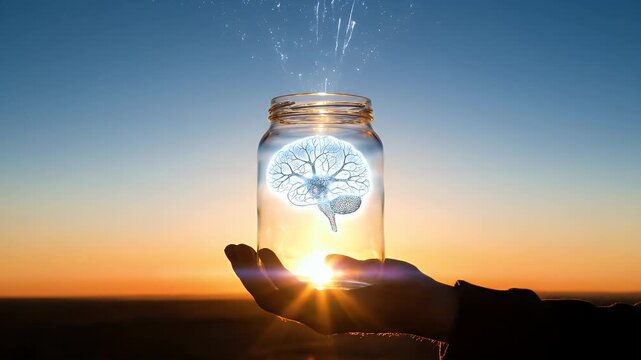 Glowing Brain Inside Jar Held Against Sunrise Sky With Sparkles Suggesting Idea Preservation