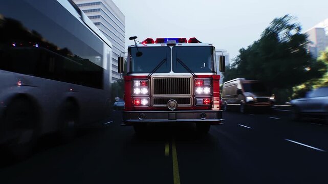 An fire engine, fire rescue driving fast on a city street. Realistic 4k animation.