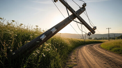 Obraz premium Fallen power line on a rural road at sunset casting long shadows and a winding path