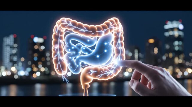 Human Finger Touches Digital Hologram of Human Digestive System on a Blurry City Skyline Background