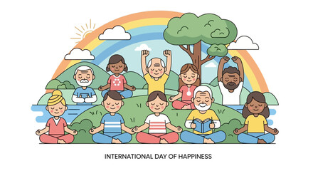 Obraz premium Diverse group of people meditating and practicing yoga outdoors under a rainbow, celebrating the International Day of Happiness.
