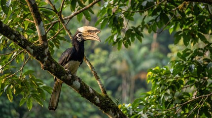 Oriental Pied Hornbill perched on branch in natural habitat with vibrant green foliage in soft warm lighting for wildlife conservation