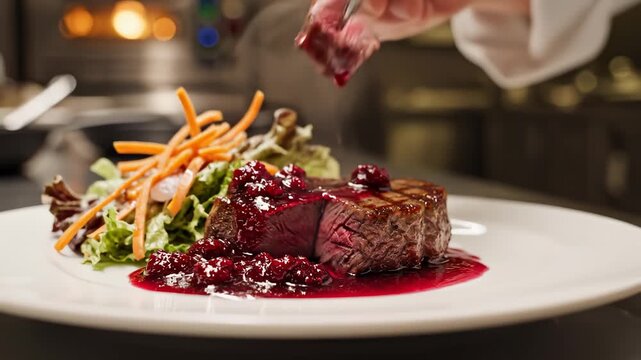 Chef garnishing steak with berry sauce