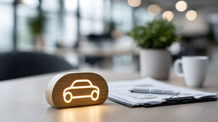 Modern wooden desk with car-shaped LED lamp in bright office