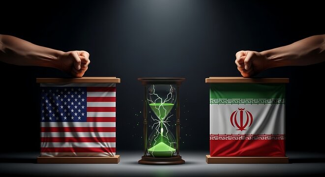 Conceptual illustration of US and Iranian podiums with clenched fists and cracked uranium hourglass