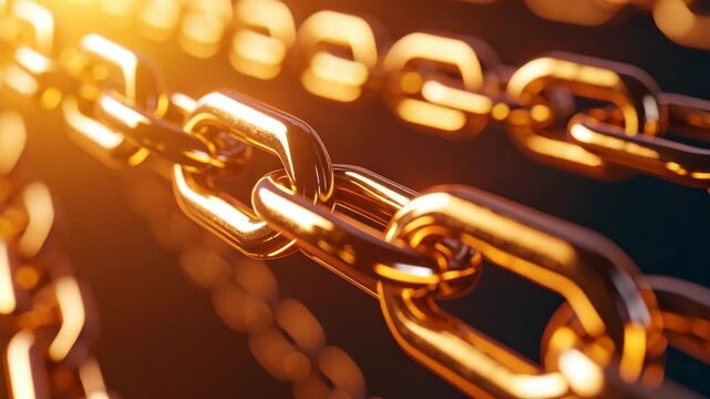 Close-up of interlocking gold chain links with warm glow and shallow depth of field