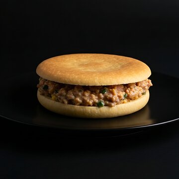 Rolled dubu pi (tofu skin) stuffed with spicy vegetable mix, cut to show filling, black plate, solid black background