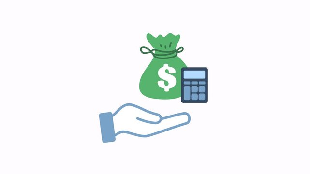 Animated budget icon with hand, money bag and calculator animation demonstrating accounting and cost budgeting