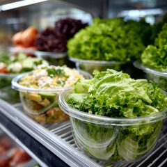 Fresh organic salads and vegetables displayed in refrigerated grocery section
