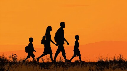 Family of four is walking together in the woods. The man is carrying a backpack and the woman is carrying a handbag. The children are also carrying backpacks. The scene is set in the evening
