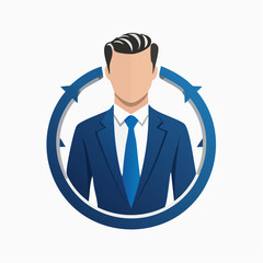 Professional Businessman Icon in Blue Suit with Circular Arrows Graphic