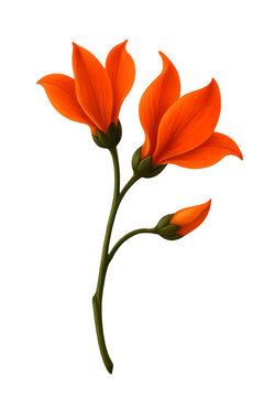 Single Slender Palash Stem with Two Flame Orange Blossoms and Bud Isolated on Transparent Background