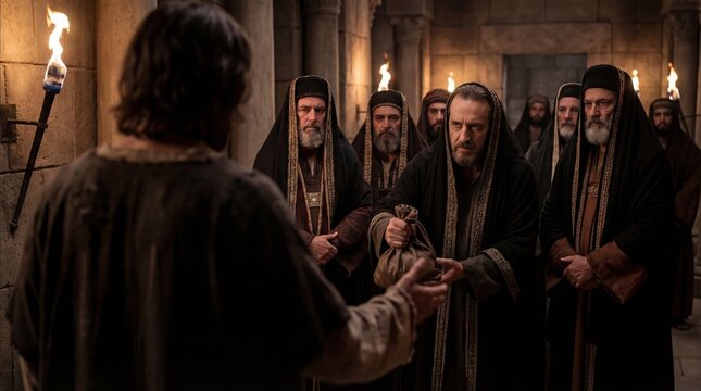 Judas Iscariot receives a bag of money from religious leaders in the Temple. A biblical scene of betrayal and greed, relevant to Easter and Holy Week.