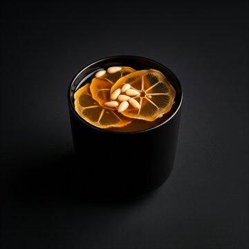 Glass of sujeonggwa 수정과  (cinnamon punch) with dried persimmon slices and pine nuts floating, rich amber color, black glass, solid black background
