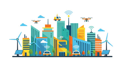 A futuristic smart city illustration with drones wind turbines and solar panels © Naksha