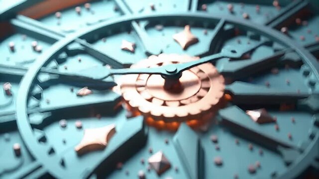 Shattered clock face with flying glass shards concept. Close up of vintage clock face with intricate gears and metallic details showing antique timepiece design