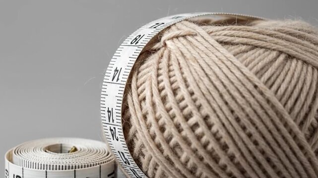 Textured ball of beige yarn with measuring tape showcasing knitting materials for craft projects