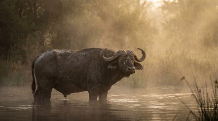 Water Buffalo in misty river with warm golden lighting and serene atmosphere for wildlife photography