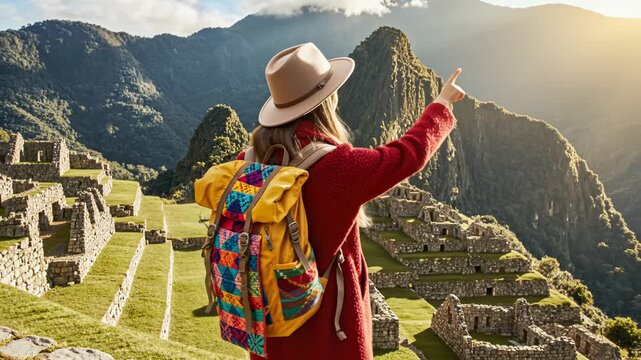 Woman with backpack at ancient ruins