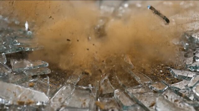 Shattered clock face with flying glass shards concept. Close up of shattered glass pieces on rough surface with dirt and dust particles in natural light