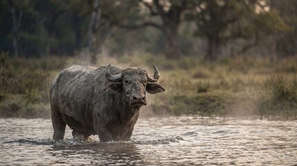 African buffalo standing in water with muddy texture in natural lighting for wildlife photography
