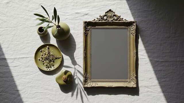 Artistic display of vintage picture frames with shadow play and delicate decorative elements on textured background