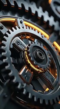 Close-up of intricate metallic gears with glowing orange light in a complex mechanism