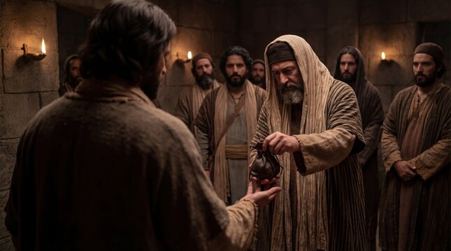 Man giving a money bag to another man, a biblical concept of betrayal and a moment from the evangelical events of Holy Week for christian art.